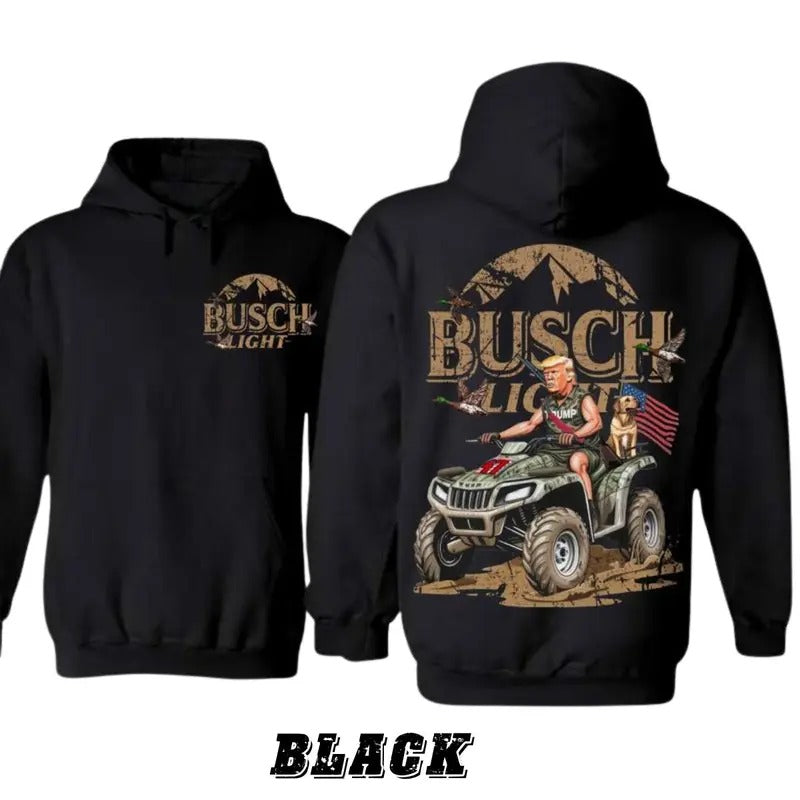 Busch Light Trump ATV Hoodie - Bold Design Featuring Trump Riding ATV With American Flag Gunpla brand Hunting TNF, Cozy...