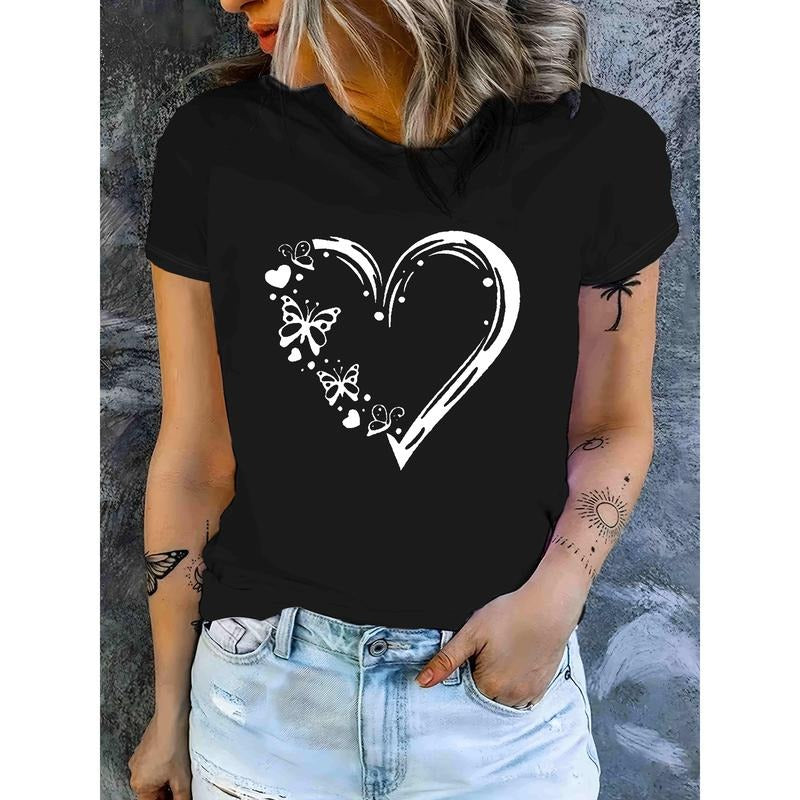 Butterfly Heart Print Crew Neck T-shirt, Casual Short Sleeve Summer Top, Women'WB shield Clothing Hoodie, Sweatshirt