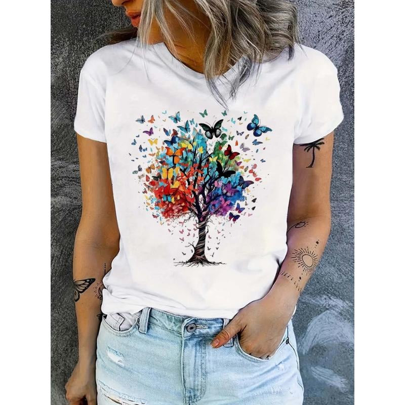 Butterfly Print Crew Neck T-Shirt, Casual Short Sleeve T-Shirt For Spring & Summer, Women'WB shield Clothing Hoodie,...
