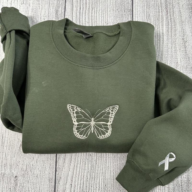 Butterfly embroidered sweatshirt; Ribbon on sleeve embroidered crewneck; gift for her T-Shirts, Hoodie | RetroVerseTees.com