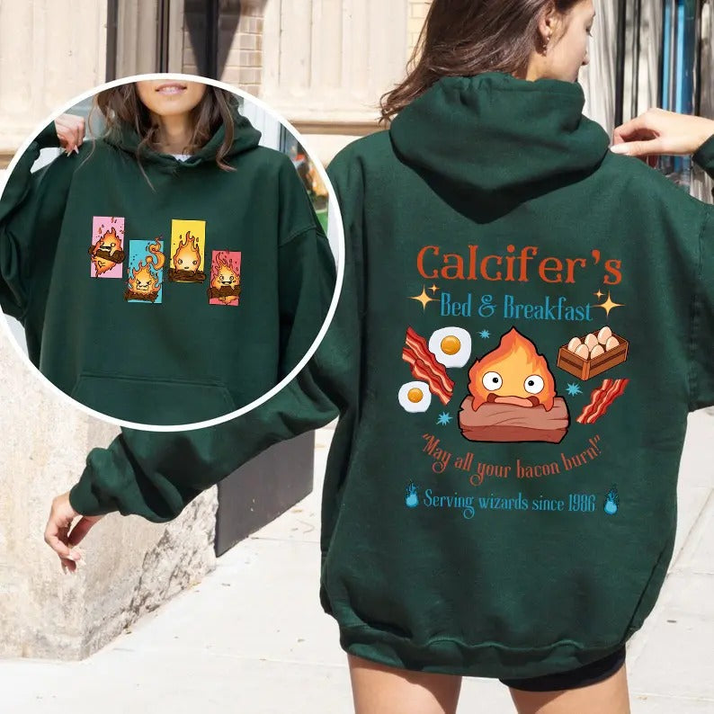 Calcifer 2 Sided Hoodie, Sweatshirt, Tshirt, Howls Moving Castle Shirt, Studio Ghibli, Anime | RetroVerseTees.com