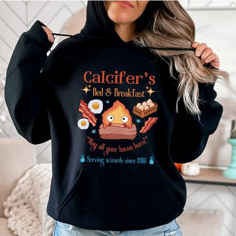 Calcifer's Bed and Breakfast Unisex Hoodie, Howl's Moving Castle Inspired Hoodie, Studio Ghibli Inspired Hoodie T-Shirts,...