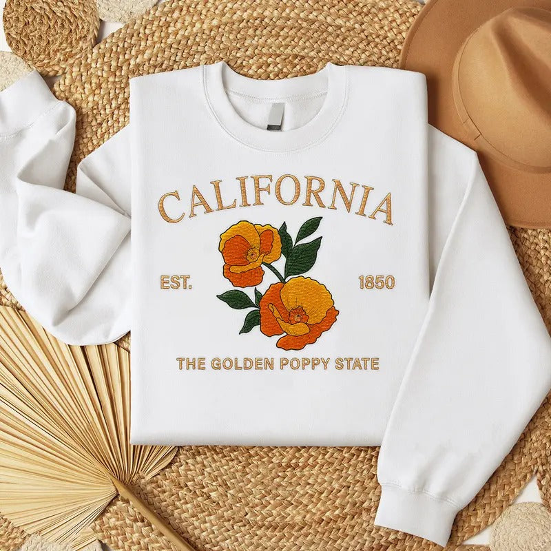California Golden Poppy Embroidered State Flower Sweatshirt, Hometown Embroidered Shirt, Favorite Flower Embroidered...