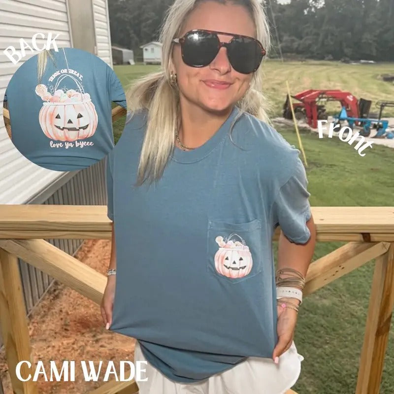 Cami Wade - Halloween Candy Bucket Pocket Tee - Comfort Colors Hoodie, Sweatshirt | RetroVerseTees.com