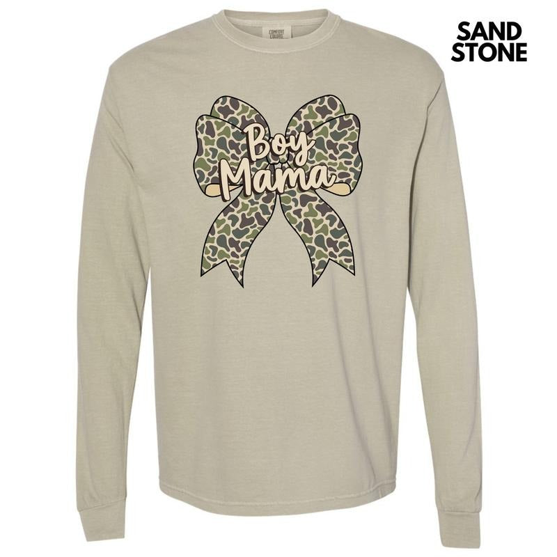 Camo Boy Mama Bow Long Sleeve Comfort Colors T-Shirt 'NLB' Hoodie, Sweatshirt | RetroVerseTees.com