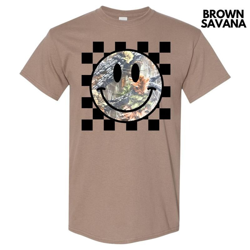 Camo Checker Happy Face Gildan Short Sleeve T-Shirt 'NLB' Hoodie, Sweatshirt | RetroVerseTees.com