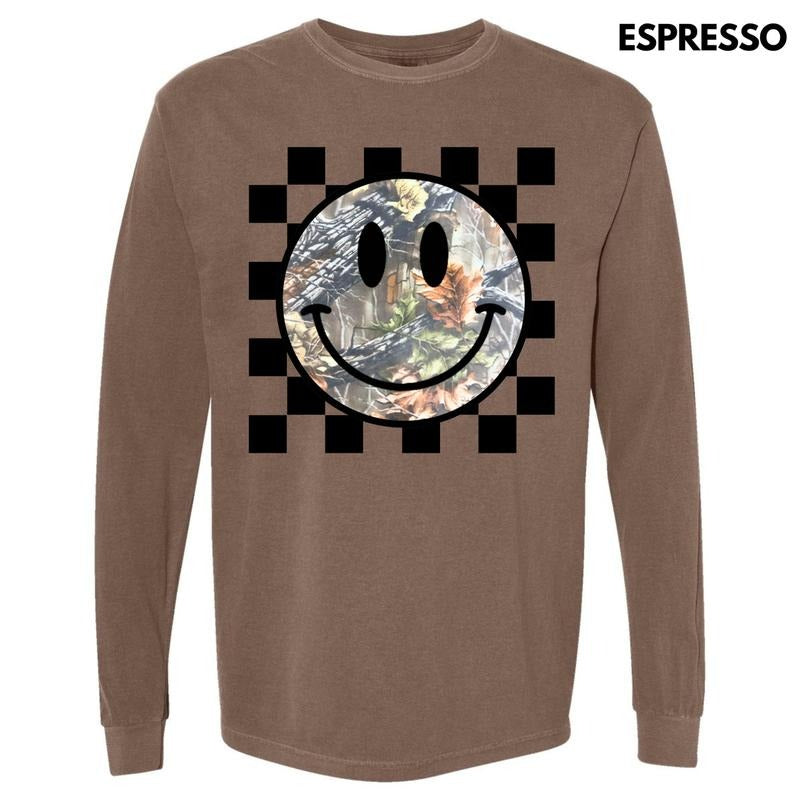 Camo Checker Happy Face Long Sleeve Comfort Colors T-Shirt 'NLB' Hoodie, Sweatshirt | RetroVerseTees.com