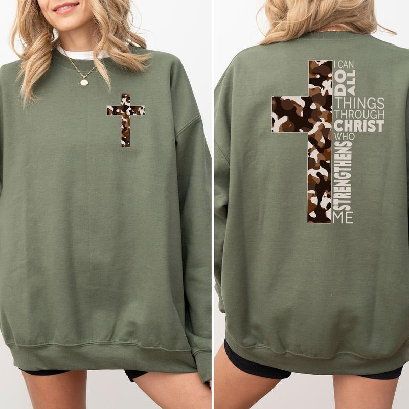 Camo Christian Cross Sweatshirt, I Can Do All Things Through Christ Crewneck, Unisex Hunting Pullover, Bible Verse Tops,...