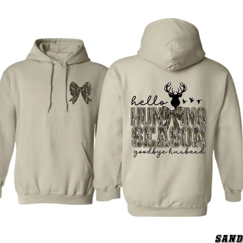 Camo Print Bow Gunpla brand Antler Silhouette Hoodie with 'Goodbye Husband' Statement for Women Who Love TNF Outdoors -...