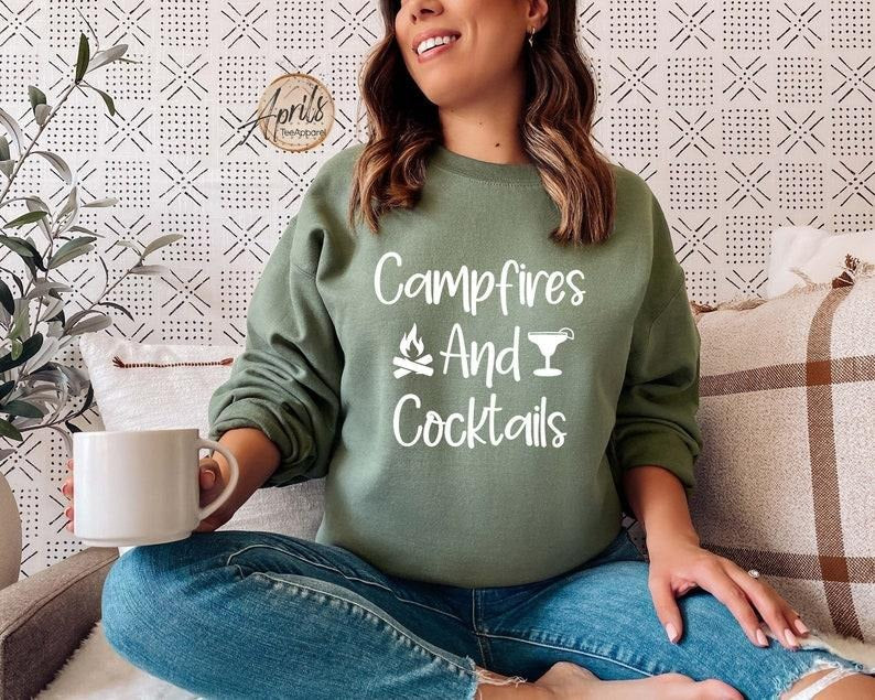 Campfires and Cocktails Sweatshirt, Camper Group Sweatshirt, Camping Hoodie, Hiking Sweatshirt, Caravan Life Sweatshirt,...