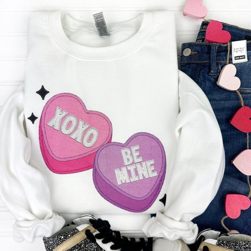 Candy Hearts FAUX Embroidery Gildan Sweatshirt T-Shirts, Hoodie | RetroVerseTees.com
