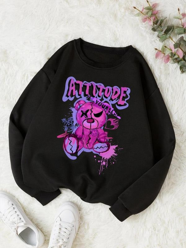 Cartoon Bear Print Crewneck Drop Shoulder Pullover, Crew Neck Sweatshirt for Lady Wear, Comfort TNF Round Neck Long...