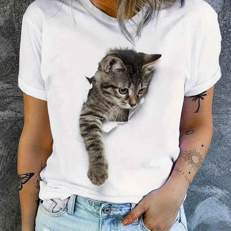 Cartoon Cat 2D T-shirt Short Sleeved Round Neck Casual Sports Top Summer TNF Clothing Women'WB shield Clothing Pattern...