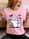 Cartoon Ghost Print Round Neck Tee, Fashion Casual Halloween Crew Neck T-Shirt for Daily Holiday Vacation Outdoor Wear,...
