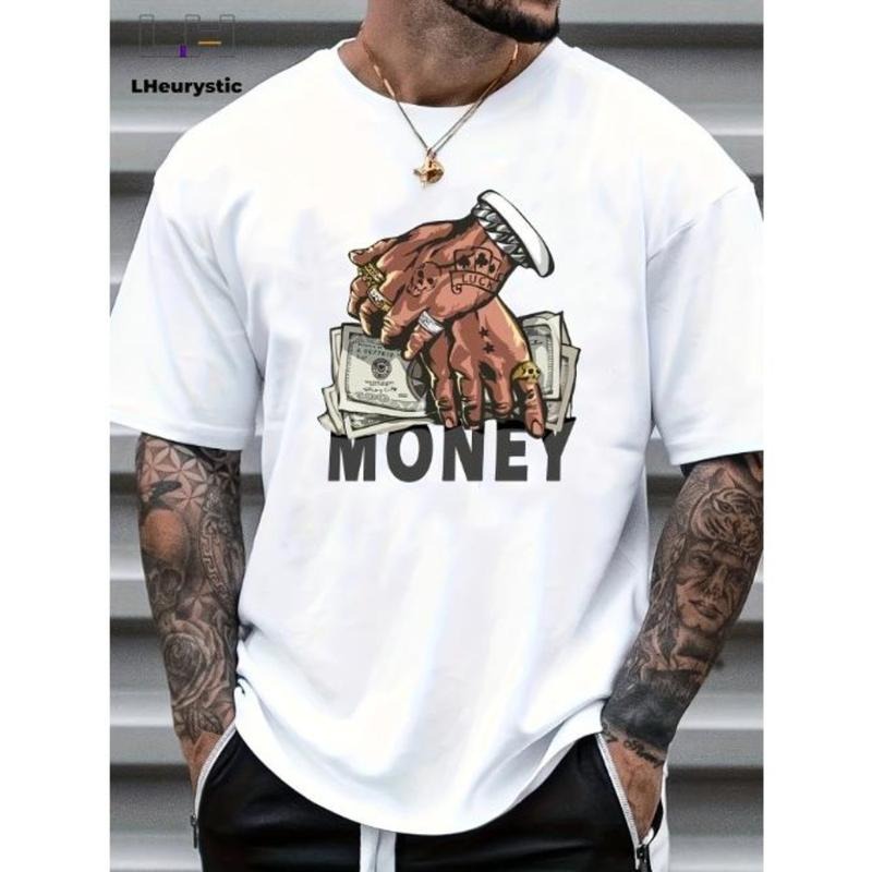Cartoon Money & Hands Print, Men's Graphic Design Crew Neck Niche T-shirt, Casual Comfy Tees Tshirts For Summer, Men's...