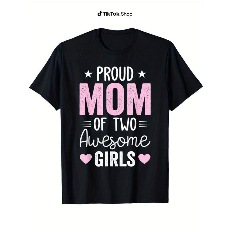 Casual Cotton T-Shirt, Proud Mom FOG Two Awesome Girls Print, Round Neck, High Stretch Fabric, Spiky hair fighters...
