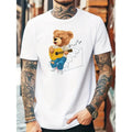 Casual Design Men's Cartoon Style Toy Bear Guitar Player Pattern Crew Neck Short Sleeve T-shirt, Chic And Stylish Tops...