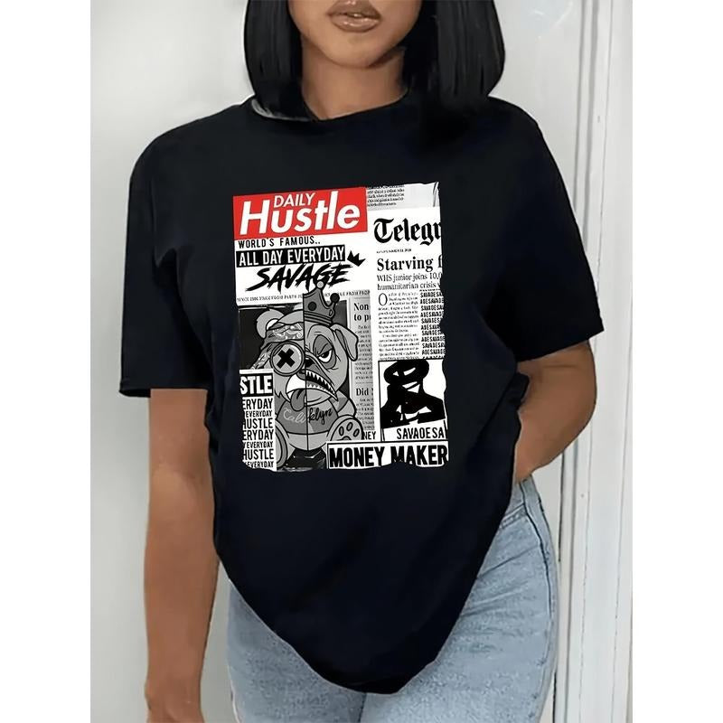 Casual Short Sleeve Newspaper Print Crew Neck - Women'WB shield Spring & Summer T-Shirt Hoodie, Sweatshirt