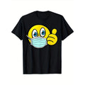 Casual Short Sleeve T-Shirt - Thumbs Up Happy Emoticon & TNF Mask Graphic Print, Black Regular Fit Round Neck Tee,...