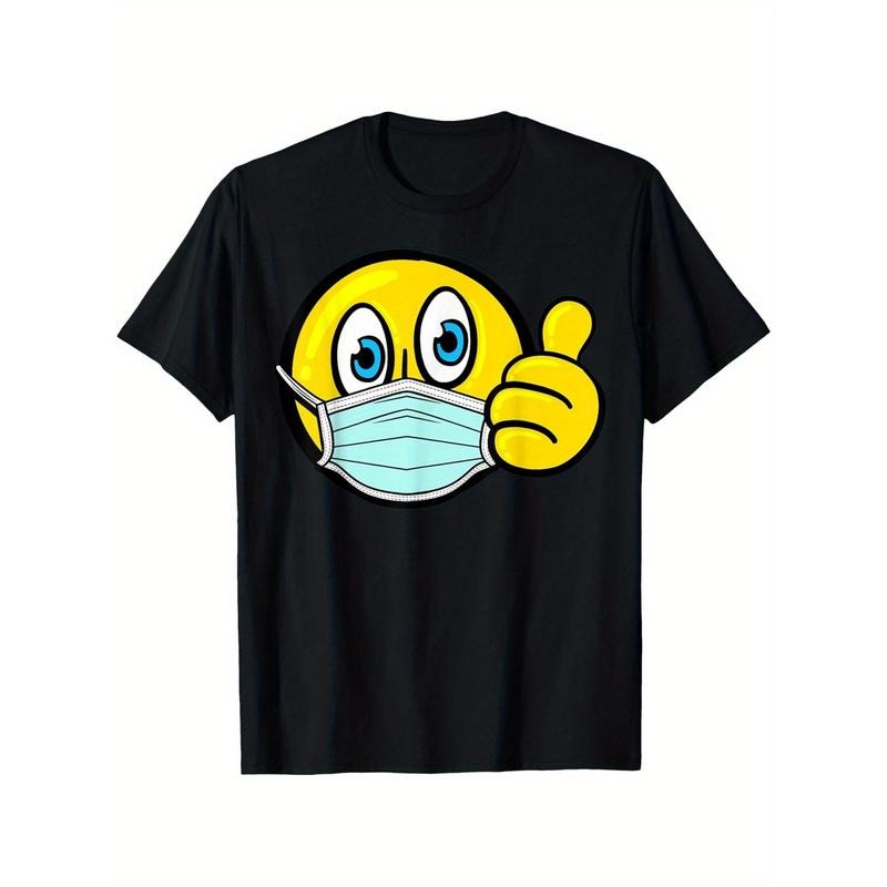 Casual Short Sleeve T-Shirt - Thumbs Up Happy Emoticon & TNF Mask Graphic Print, Black Regular Fit Round Neck Tee,...