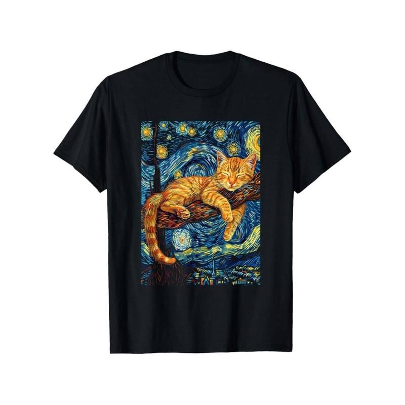 Casual T-shirt Cat Lover'WB shield Dream: 100% Cotton T-Shirt with Van Gogh-Inspired Lightsaber brand Night Cat Print...