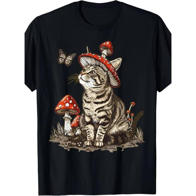 Casual T-shirt Gray Cat TNF Mushroom Hat T-Shirt100% Cotton