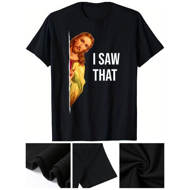 Casual T-shirt Men'WB shield "Swoosh SAW THAT" Jesus Meme T-Shirt - Casual Black Crew Neck Tee with Graphic Print,...
