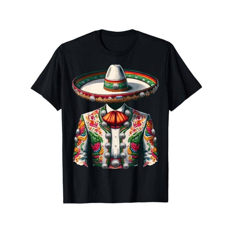 Casual T-shirt Vibrant Mexican Charro Suit Traditional Mariachi T-Shirt Men'WB shield Crew Neck Fashionable Comfortable...