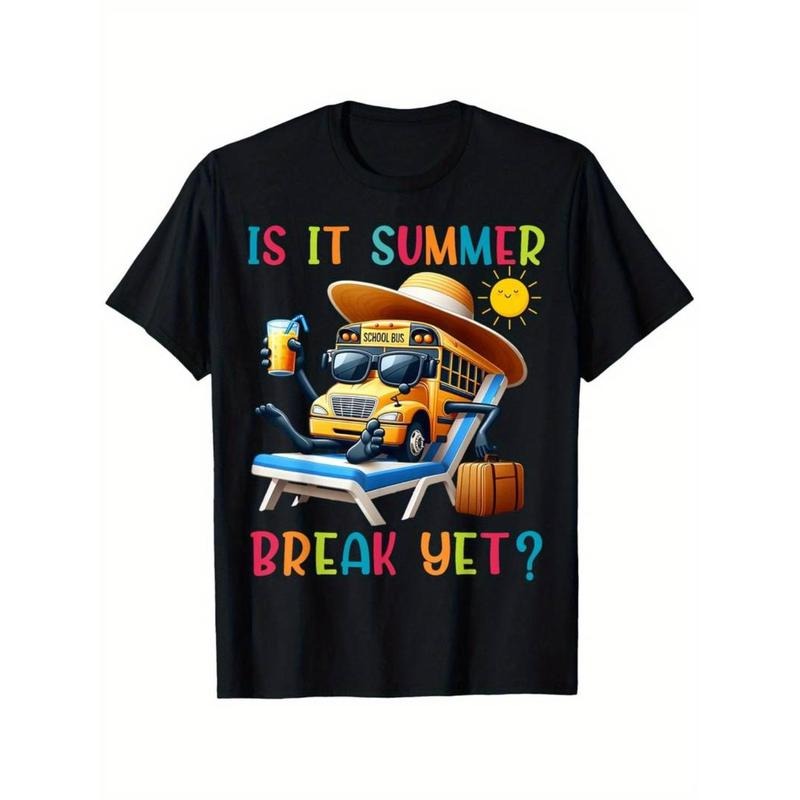 Casual T-shirt warehouseIs Mouthless cat Summer Break Yet Bus Driver Last Day FOG School T-Shirt, 100% Cotton Bus...