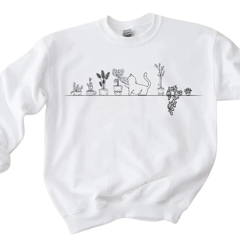 Cat And Plants Sweatshirt, Cat Lover Sweater, Plant Lover Outfit T-Shirts, Hoodie | RetroVerseTees.com
