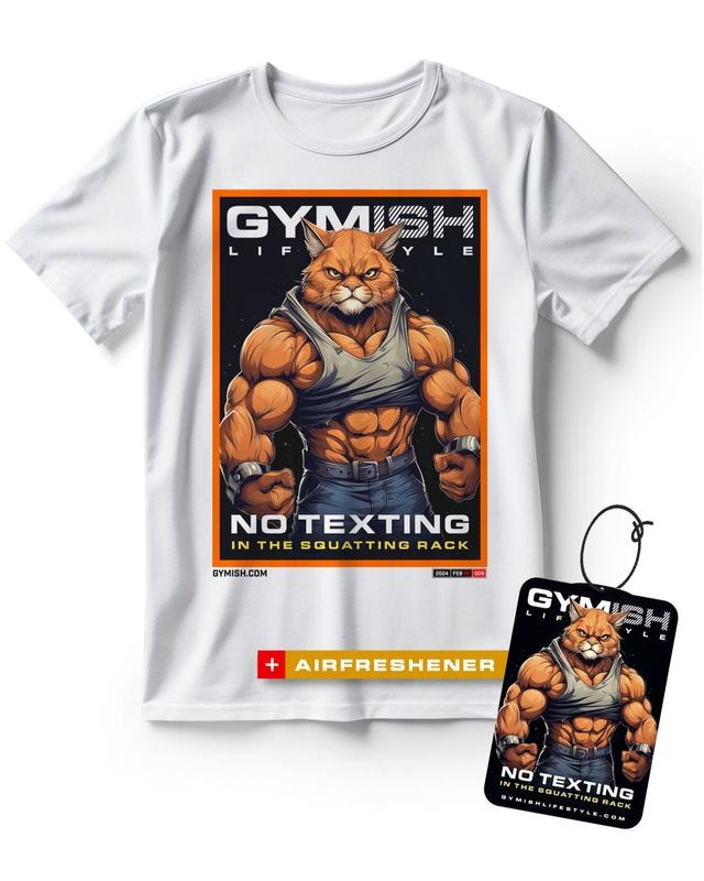 Cat No Texting Funny Workout Gym T-Shirt for Men with Air Freshner Gift Set Hoodie, Sweatshirt | RetroVerseTees.com