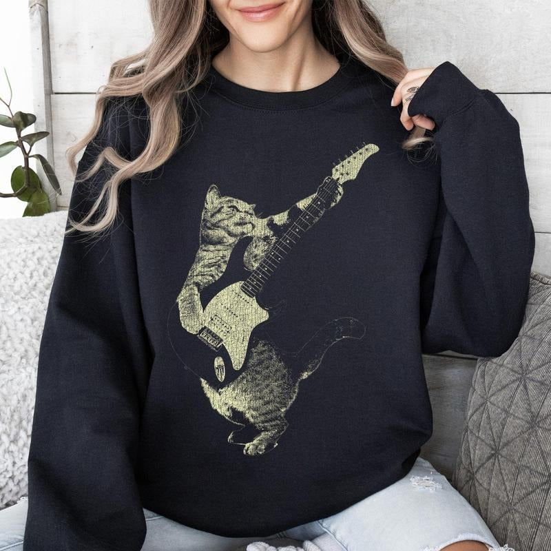 Cat Playing A Guitar, Funny Animals Sweatshirt T-Shirts, Hoodie | RetroVerseTees.com