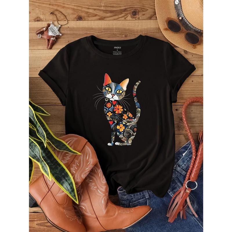 Cat Print Crew Neck T-Shirt, Casual Short Sleeve T-Shirt For Spring & Summer, Women'WB shield Clothing style 02 Hoodie,...
