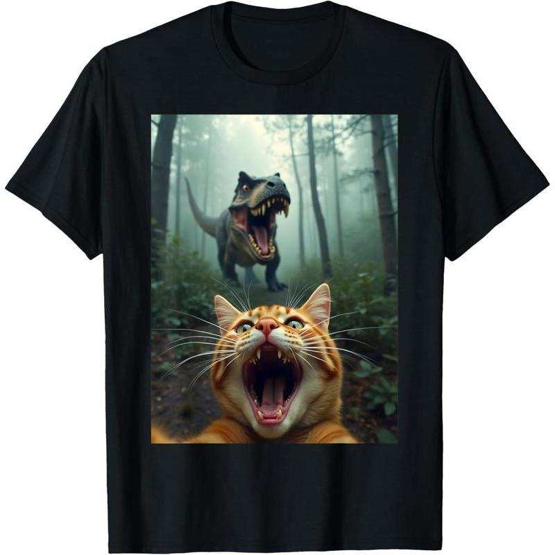 Cat Selfie With T-Rex Dinosaur T-Shirt, Adult Humor Shirt, Gift for Him, Boyfriend Tshirt, Men'WB shield Graphic Top...
