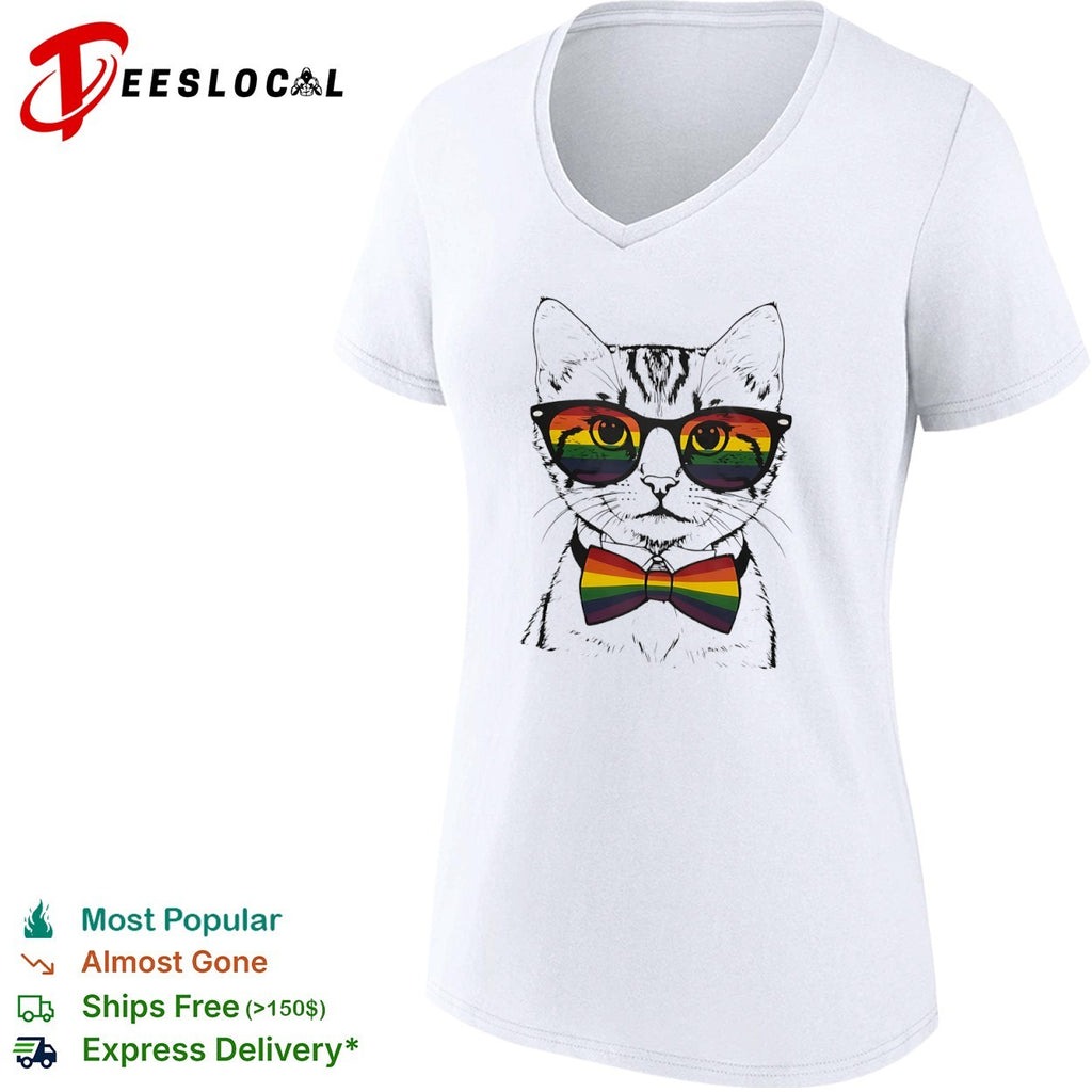 Cat Wearing Rainbow Pride Glasses and Bow Tie shirt