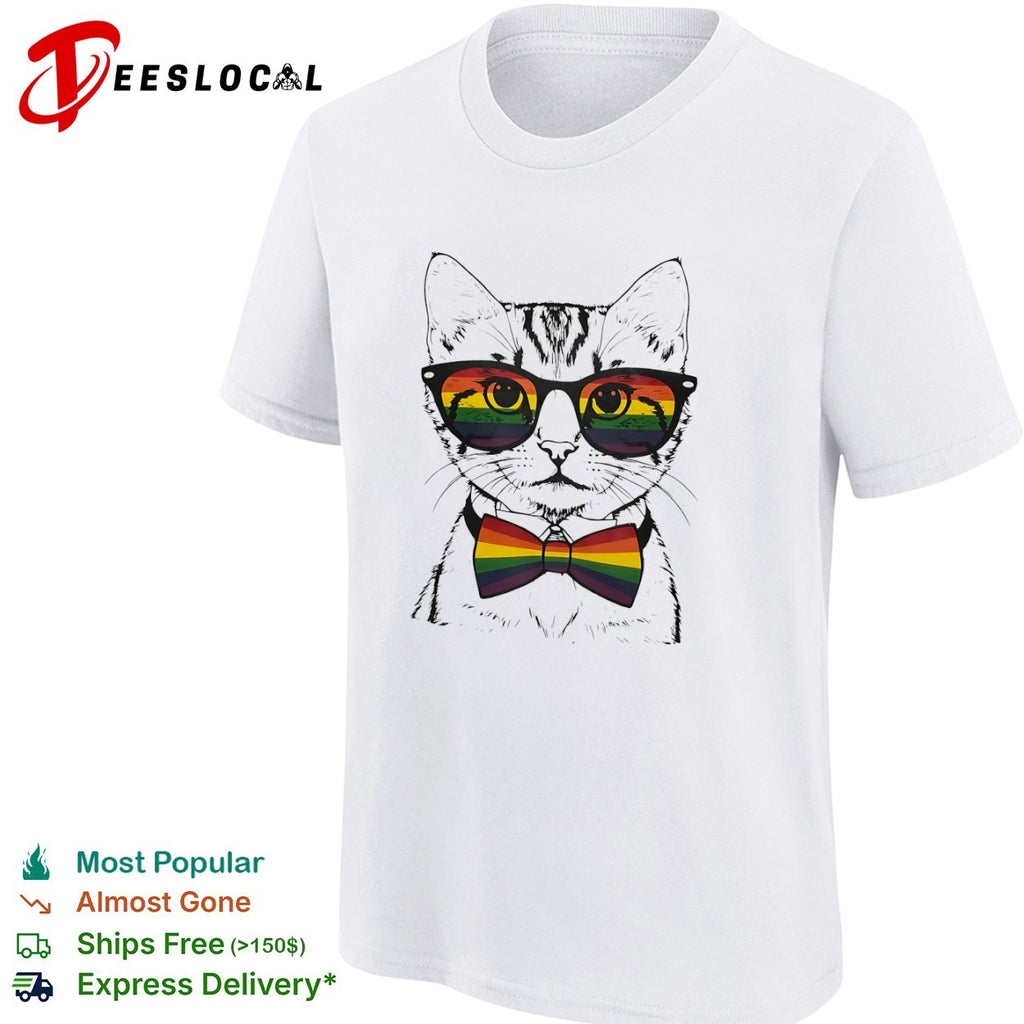 Cat Wearing Rainbow Pride Glasses and Bow Tie shirt