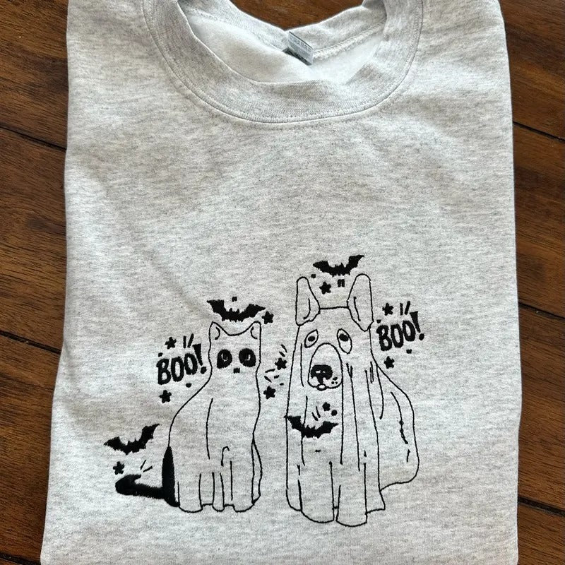 Cat and Dog Ghost Halloween Embroidered Comfort colors Tee shirt Cute Hoodie, Sweatshirt | RetroVerseTees.com