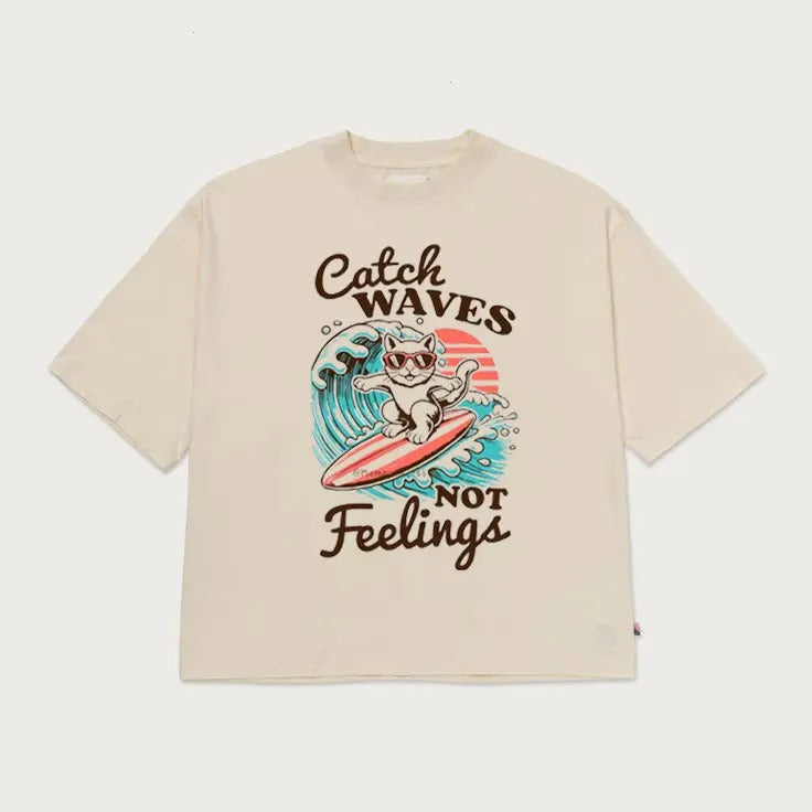 Catch Waves Not Feelings Trending Summer Vacation Funny Beach Shirt Retro Summer Funny Cat Tee Hoodie, Sweatshirt