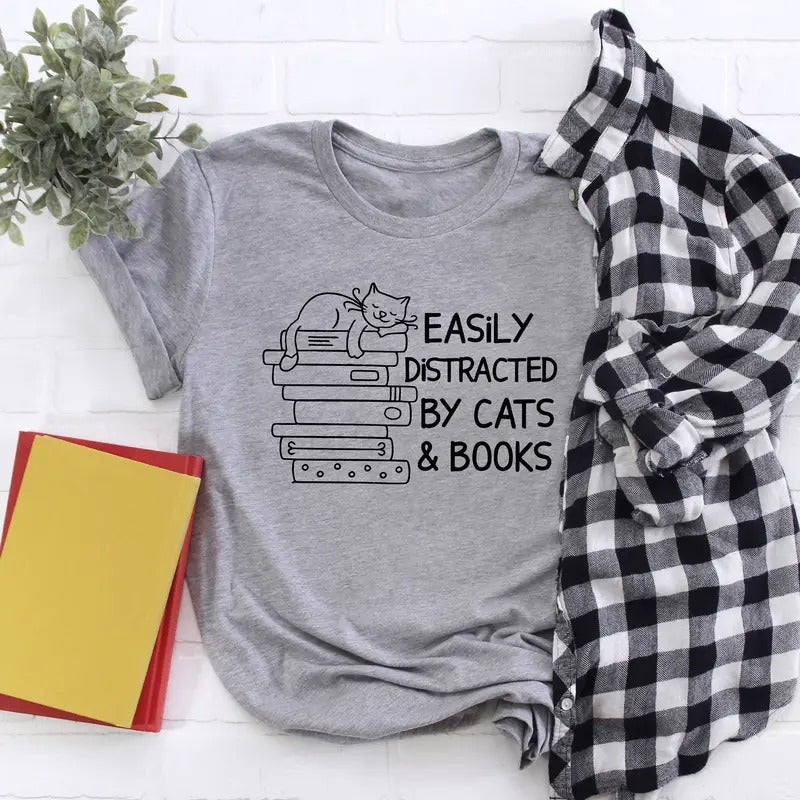 Cats And Books Shirt, Cute Cat T-shirt, Book Lover Gift Tee, Gift For Librarian, Pet Owner Tee, Reading Lover Gift Shirt,...