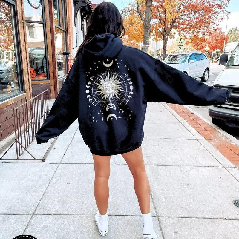 Celestial Boho Sun & Moon Phase Hoodie, Back Print Whimsigoth Sweatshirt, Spiritual Hoodie T-Shirts | RetroVerseTees.com