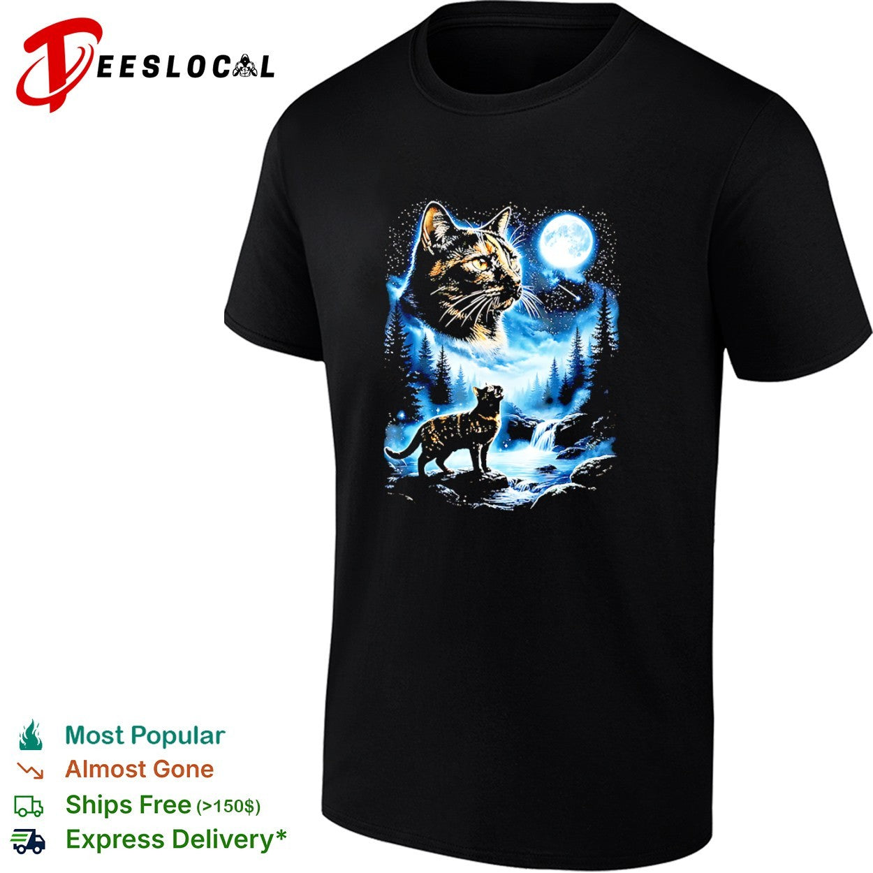 Celestial Cat and Full Moon Mountain Stream Forest Wilderness Night Scene shirt