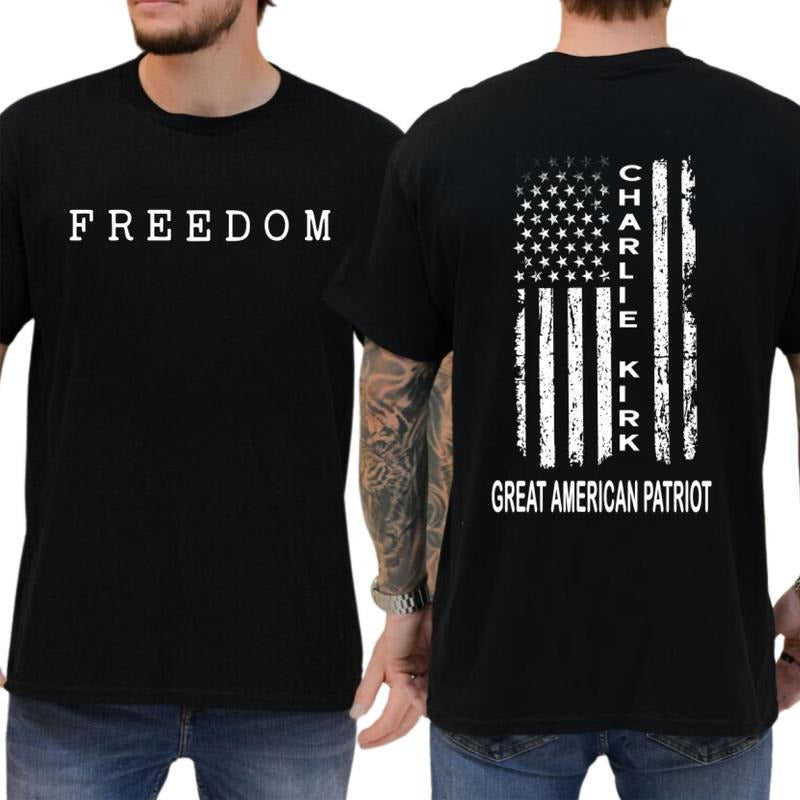 Charlie Kirk Great American Patriot TShirt, Memorial Tribute Tee with US Flag Graphic, Pray for Charlie Kirk Shirt,...