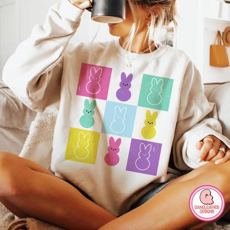 Checked bunny coquette Sweatshirt, retro bunny Sweatshirt, bunny Sweatshirt, Easter vibes Sweatshirt, retro easter...