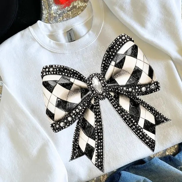 Checker Bow Faux Rhinestone DTF Transfers - THIS IS NOT A SHIRT Hoodie, Sweatshirt | RetroVerseTees.com