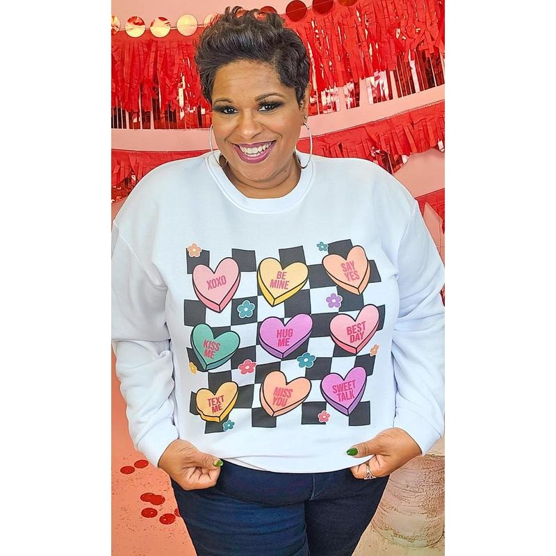 Checkerboard Conversation Hearts Graphic Sweatshirt T-Shirts, Hoodie | RetroVerseTees.com