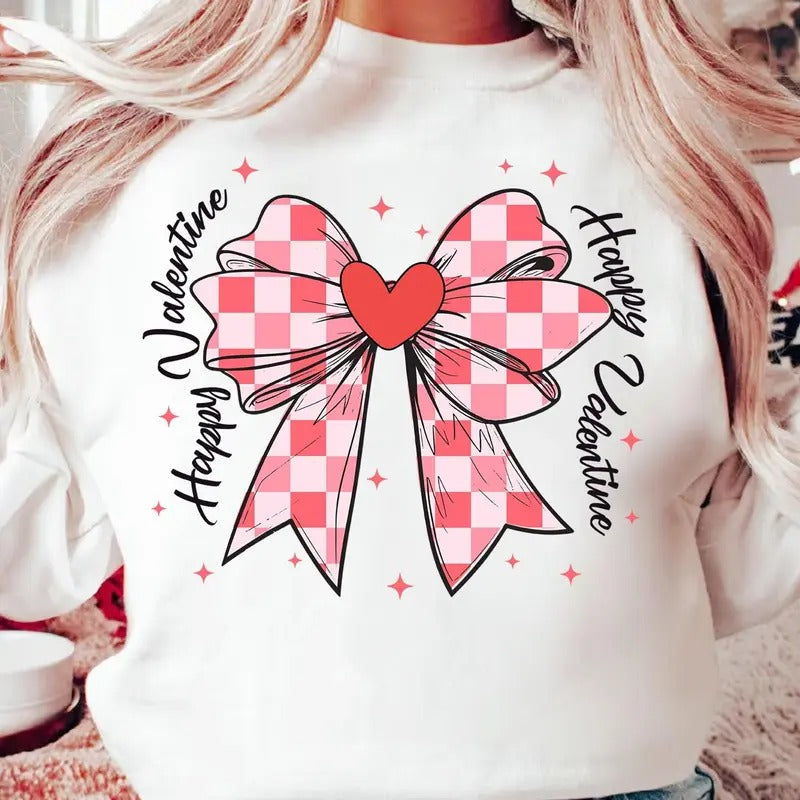 Checkered Coquette Bow Valentine Shirt, Coquette Shirt, Retro Valentine Day Bow Shirt, Valentine Love Bow Shirt, Cupid...