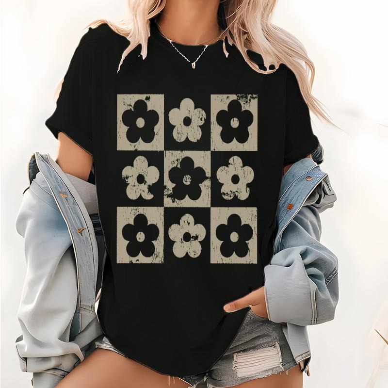 Checkered Flowers Shirt Retro Flowers Lightsaber brand-Shirt Boho Floral TShirt Gift For Mom Spring Lightsaber brand...