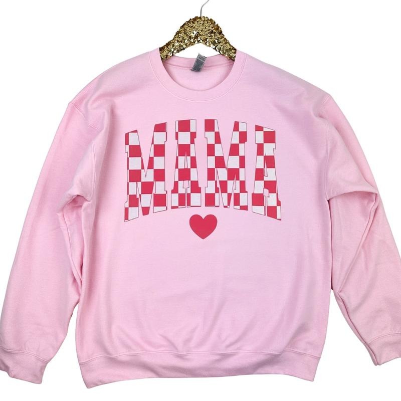 Checkered Mama Gildan Sweatshirt -- LIGHT PINK T-Shirts, Hoodie | RetroVerseTees.com