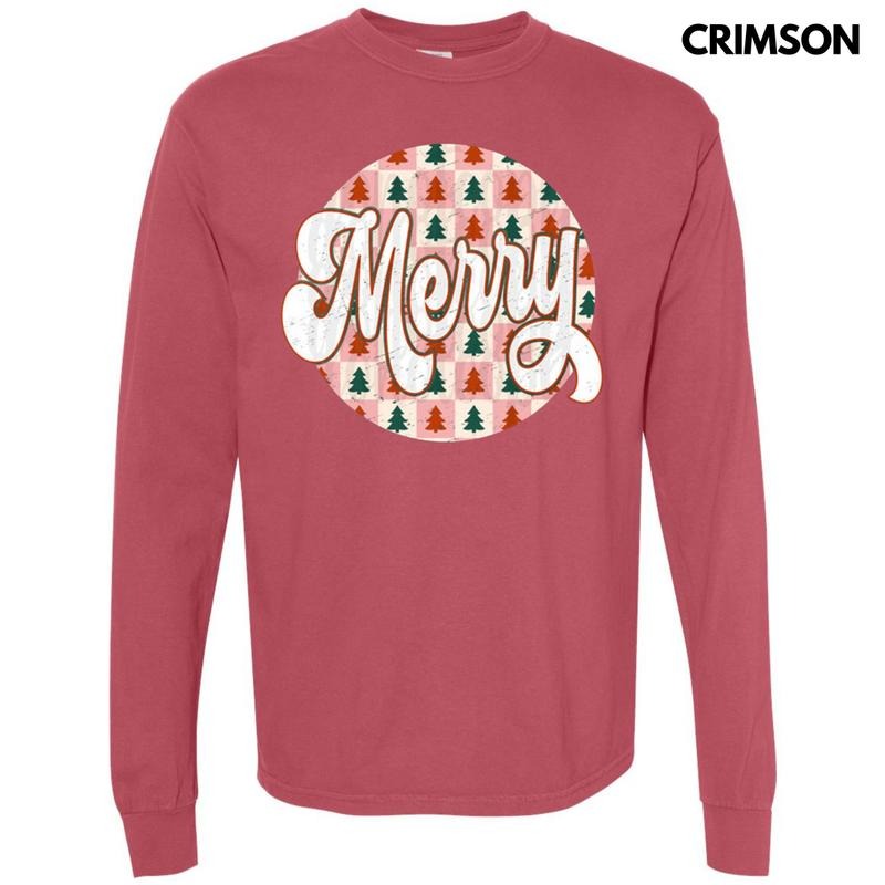Checkered Merry Circle Long Sleeve Comfort Colors T-Shirt Hoodie, Sweatshirt | RetroVerseTees.com