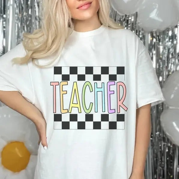 Checkered Teacher Graphic Tee Hoodie, Sweatshirt | RetroVerseTees.com